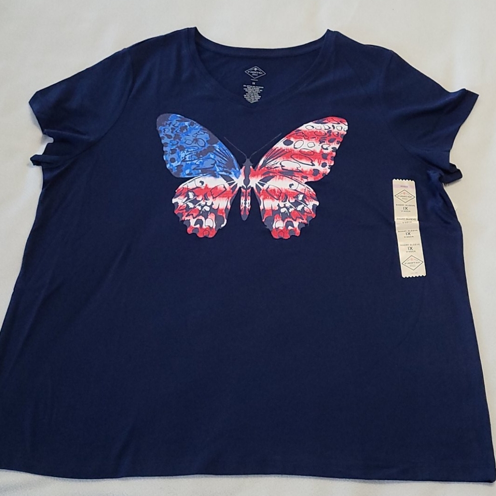 NEW American Flag Butterfly Top T-shirt Women'sPatriotic USA Red White Blue 1X - Picture 4 of 7